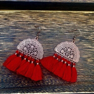 Bohemian Rose Gold Red Tassel Earrings